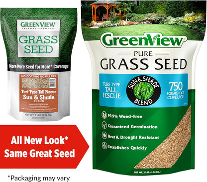 GreenView Pure Grass Seed Turf Type Tall Fescue Sun & Shade Blend, 3 lb. Bag – Covers up to 750 sq.