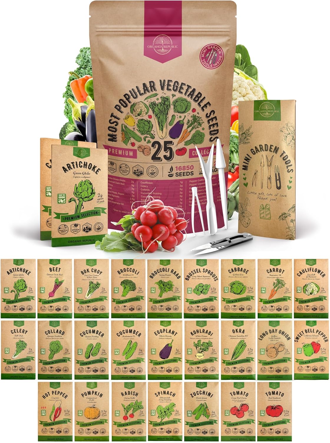 Organo Republic 25 Vegetable Seeds Variety Pack - 16,850+ Non-GMO Heirloom Seeds for Planting