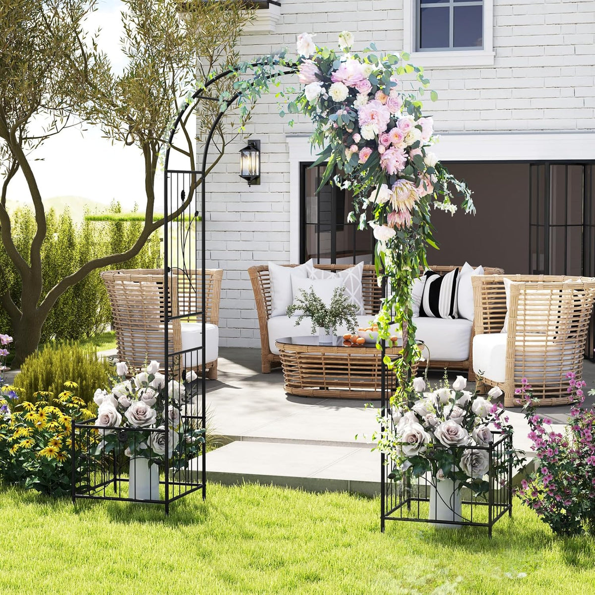 Moccha Garden Arbor with Planters - 86'' Metal Arbor Trellis for Climbing Plants, Ivy, Vines