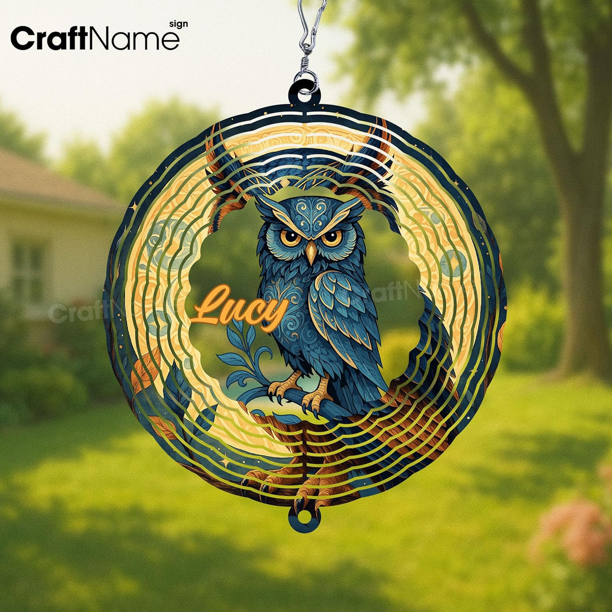 Personalized Owl Wind Spinner 3D Stainless Steel, Owl Garden Spinner Hanging Outdoor Decor, Wind