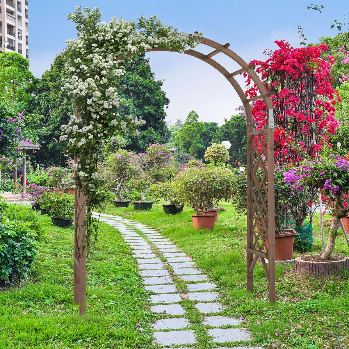 VINGLI Wooden Garden Arbor, Wedding Arch, 7ft Arch Backdrop Stand for Ceremony, Wood Trellis for