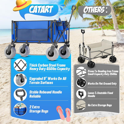 Beach Wagon with Big Wheels for Sand, 450lbs Heavy Duty Folding Wagon, Oversized 200L, 9" PVC