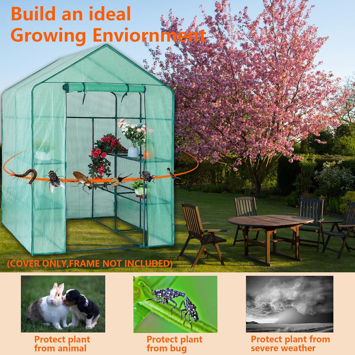 Greenhouse Replacement Cover, 56×56×76 Inch PE Walk-in Greenhouse Cover for Gardening Plants
