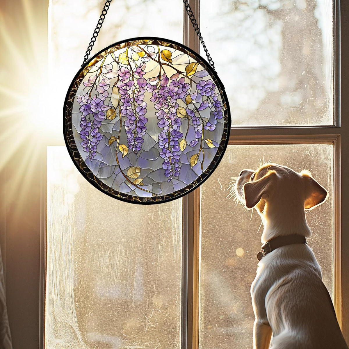 Stained Glass Window Hanging - Wisteria Flower Golden Leaves Sun Catcher for Door Home Decor Plant