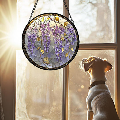 Stained Glass Window Hanging - Wisteria Flower Golden Leaves Sun Catcher for Door Home Decor Plant