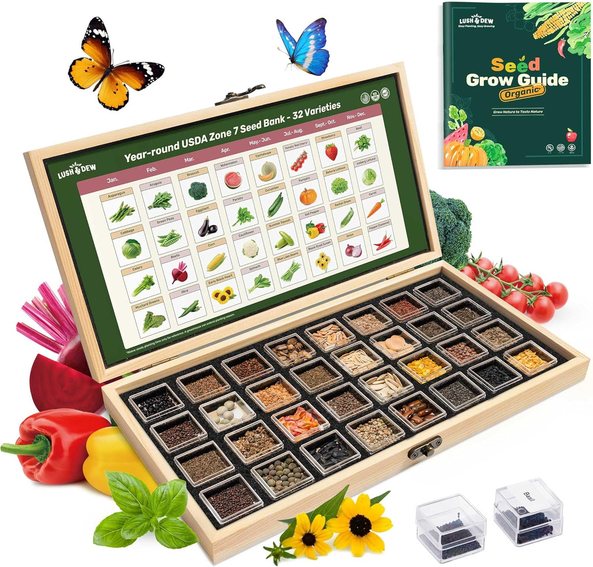 Lush&Dew Year-Round USDA Zone 7 Seed Bank, Gift for Mom Dad, 32 Varieties Non-GMO Heirloom Seeds of