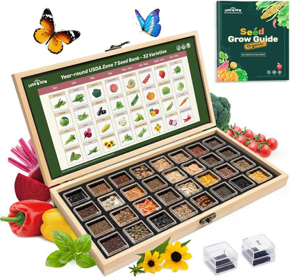 Lush&Dew Year-Round USDA Zone 7 Seed Bank, Gift for Mom Dad, 32 Varieties Non-GMO Heirloom Seeds of