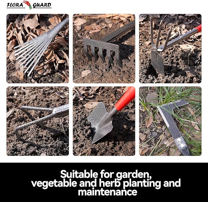 FLORA GUARD Garden Tool Set, 6-Piece Heavy Duty Gardening Hand Tools with Soft Rubber Handle