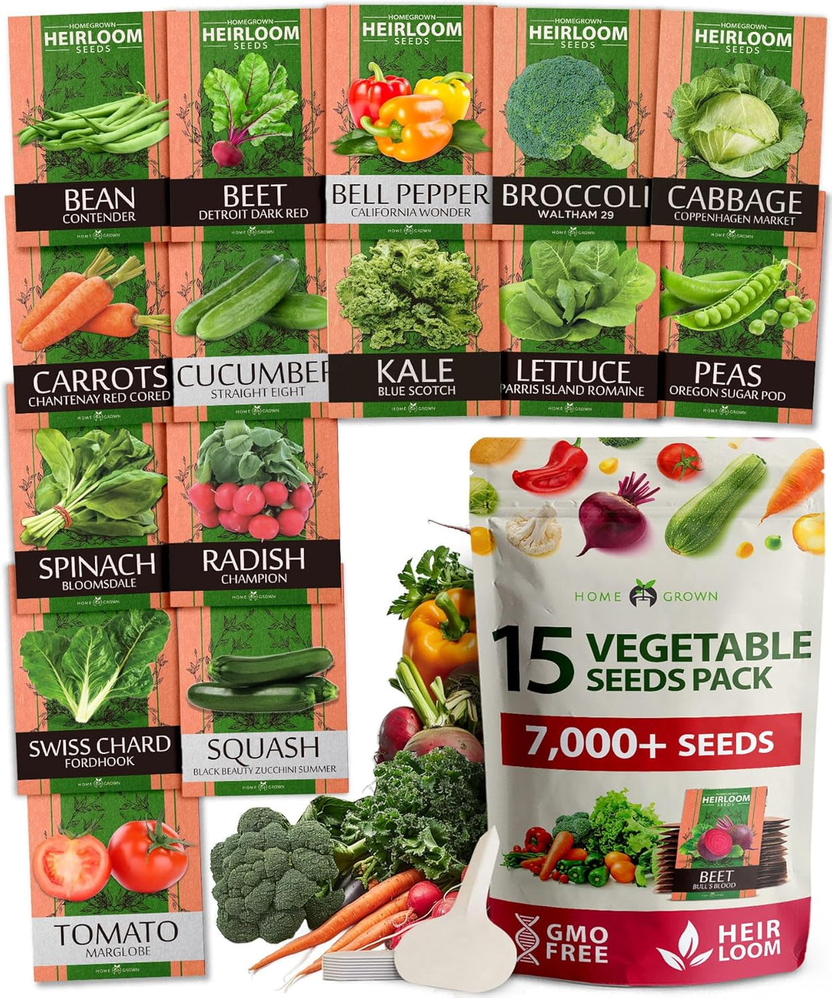 HOME GROWN Premium Heirloom Vegetable Seeds - 15 Varieties, 8,900+ Non GMO Seeds for Planting