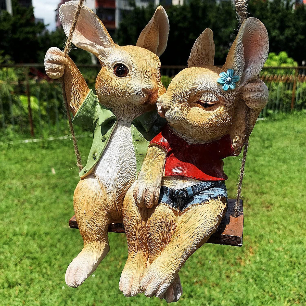 iRonrain Garden Statue Swing Bunny Couples, Indoor Outdoor Hanging Rabbits Lover Sculpture Funny