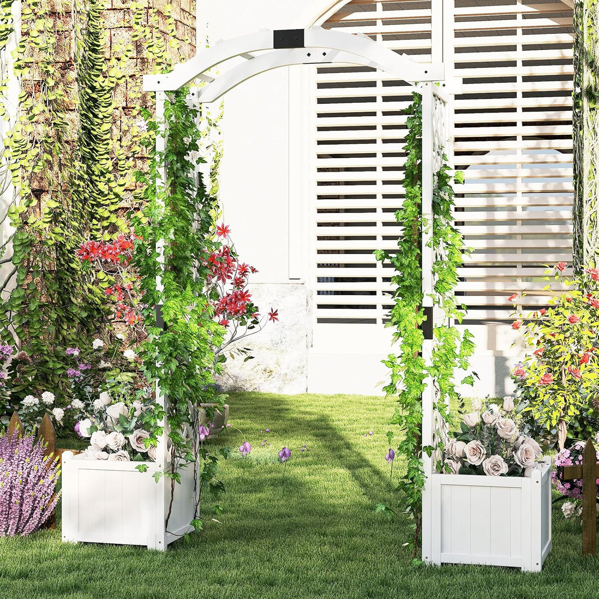 Happygrill Garden Arbor with Planter Boxes, Outdoor Wedding Arch with Trellis for Climbing Plants