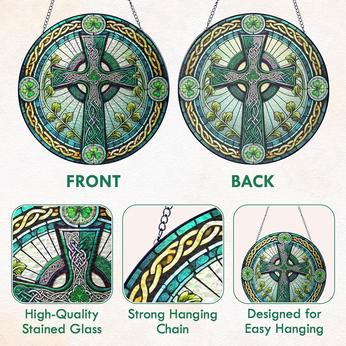 FLAGWIX Christmas Irish Gifts for Women Men - 100% Stained Glass Hanging Suncatcher 8 in - Birthday