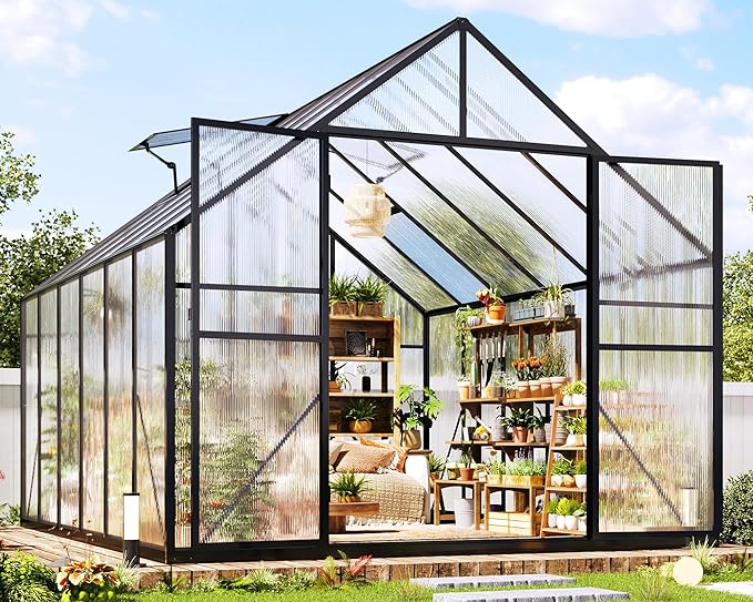 Jocisland 8x11.5x7 FT Polycarbonate Greenhouses for Outdoors, 2 Top-Opening Windows, 2 Swing Doors