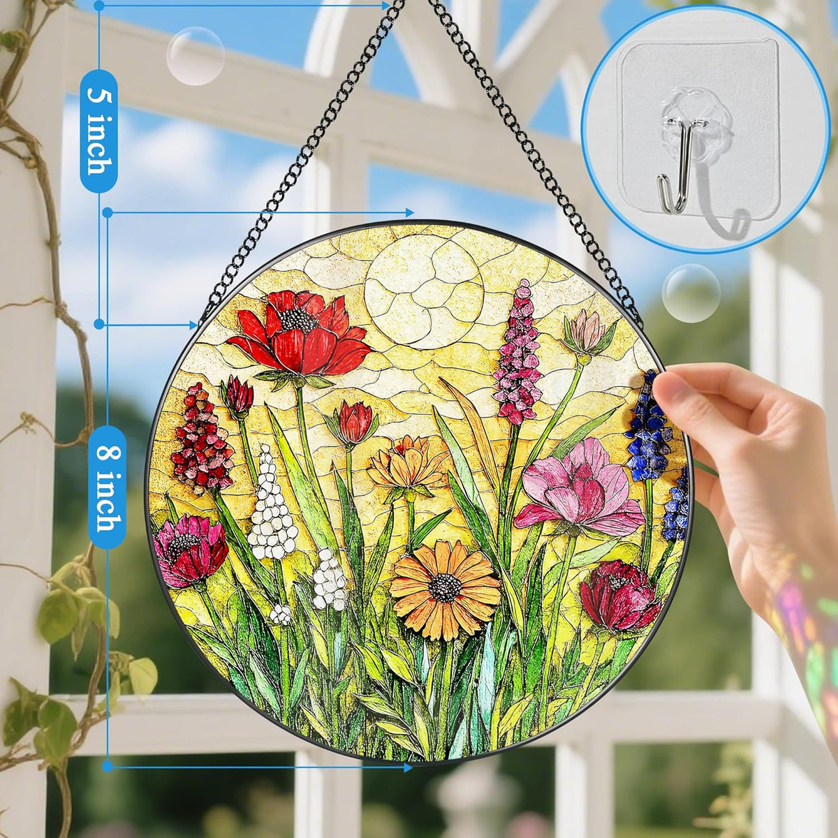 Stained Glass Window Hanging, 8 Inch Wildflower Stained Glass Suncatcher, Colorful Floral Window