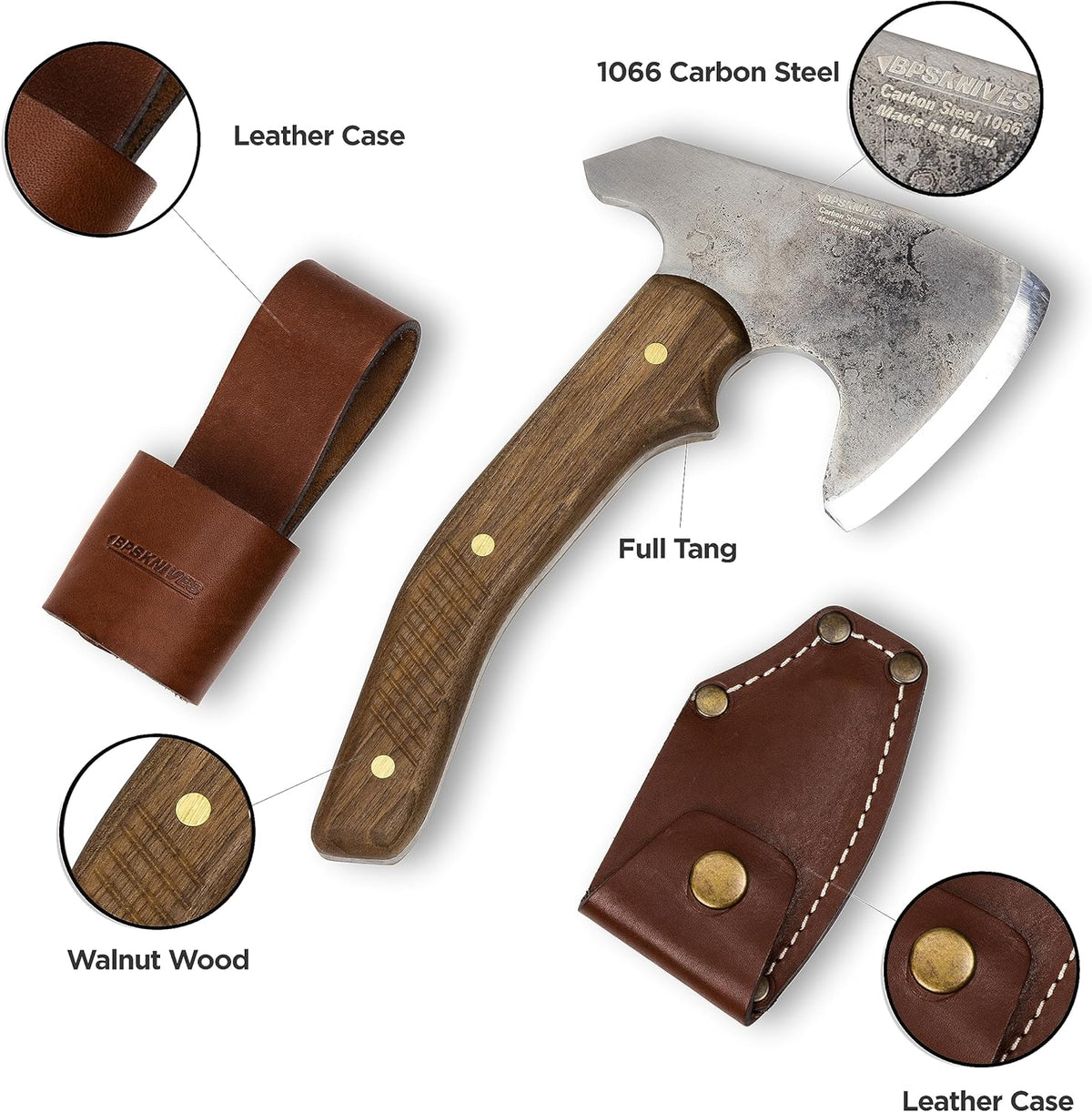 BPS Knives Bushcraft Axe with Leather Sheath - Full Tang Camping Axe - Survival Carbon Steel