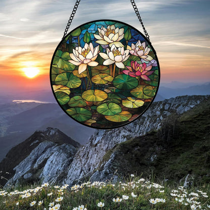 Stained Glass Window Hanging - Water Lily Birth Flower Suncatcher for Door Garden Retro Floral Sun