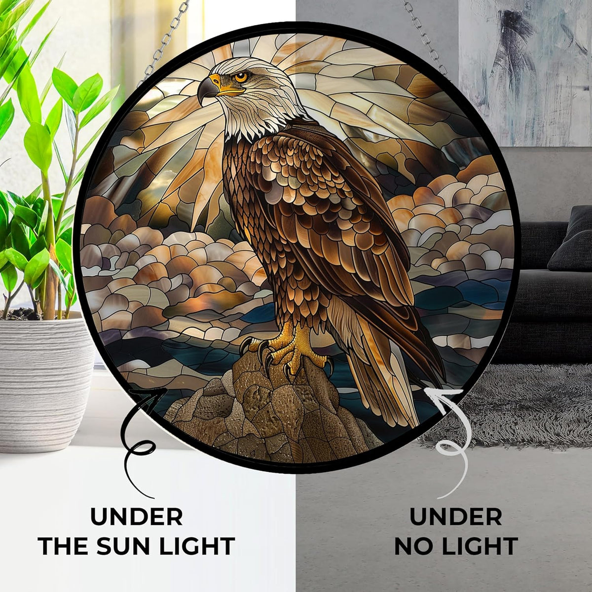 Eagle Stained Glass Window Hanging Window Suncatcher 12" Glass Panel with Metal Chain and Hooks Sun