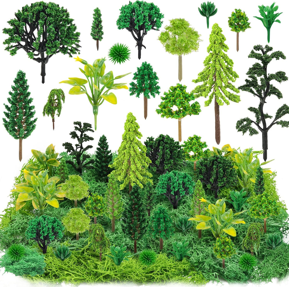 36 Pcs Green Mixed Model Trees with 40g Moss, Diorama Trees Grass Mini Fake Miniature Trees Moss