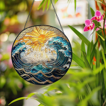 Ocean Wave Sunset Suncatcher Stained Glass Window Hanging - 10" Hand-Painted Sun Catcher Garden