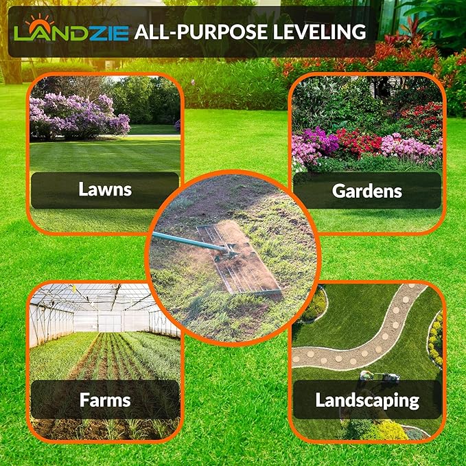 LANDZIE - The Original Lawn Leveling Rake – 48" Steel Handle Yard Leveler, Lawn Level Tool for