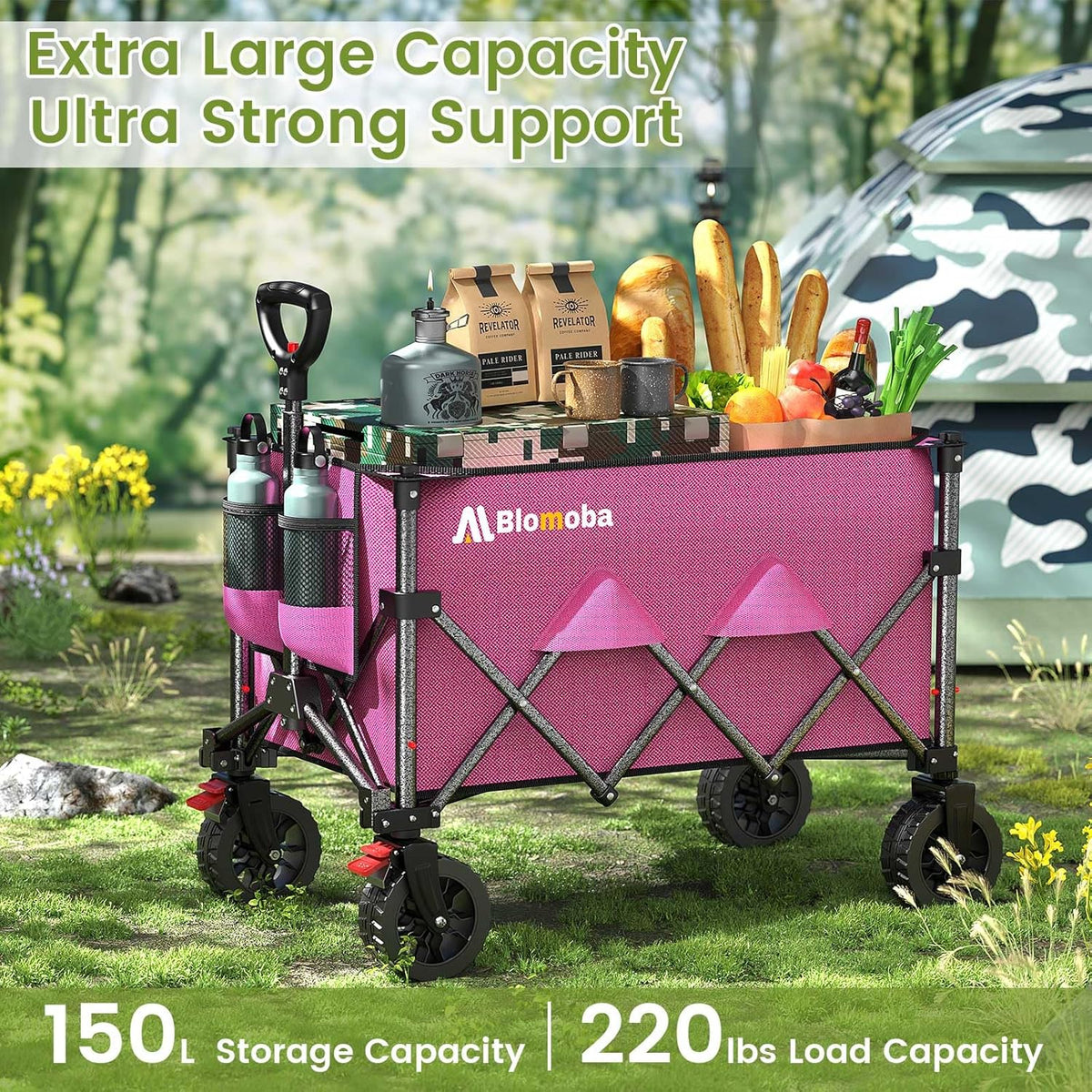 Collapsible Wagon Cart, 150L Heavy Duty Foldable Beach Wagon with Wider Wheels & Auto-Rebound