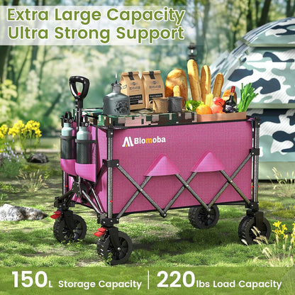 Collapsible Wagon Cart, 150L Heavy Duty Foldable Beach Wagon with Wider Wheels & Auto-Rebound