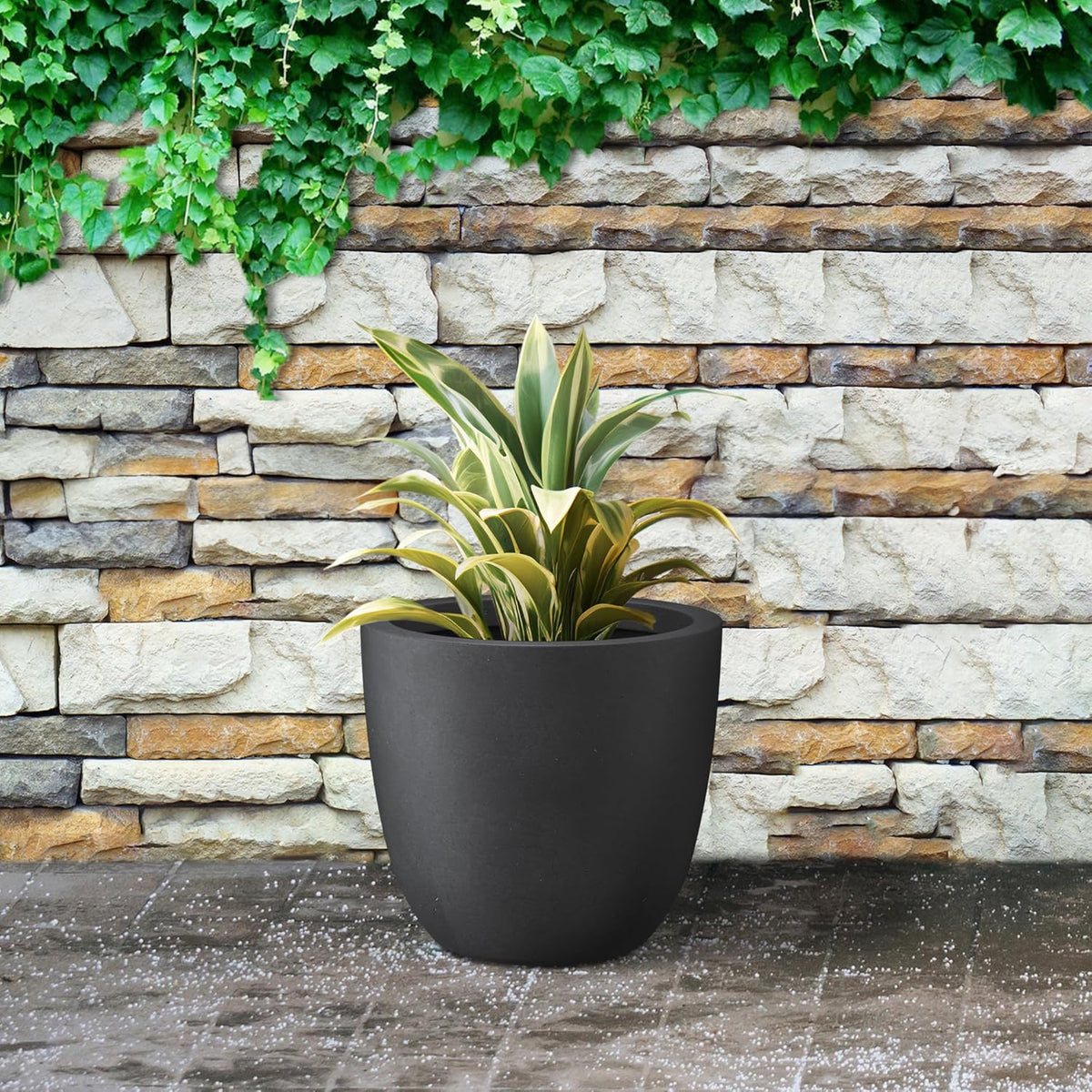 Kante 14 Inch Dia Round Concrete Planter, Indoor Outdoor Large Plant Pot with Drainage Hole and