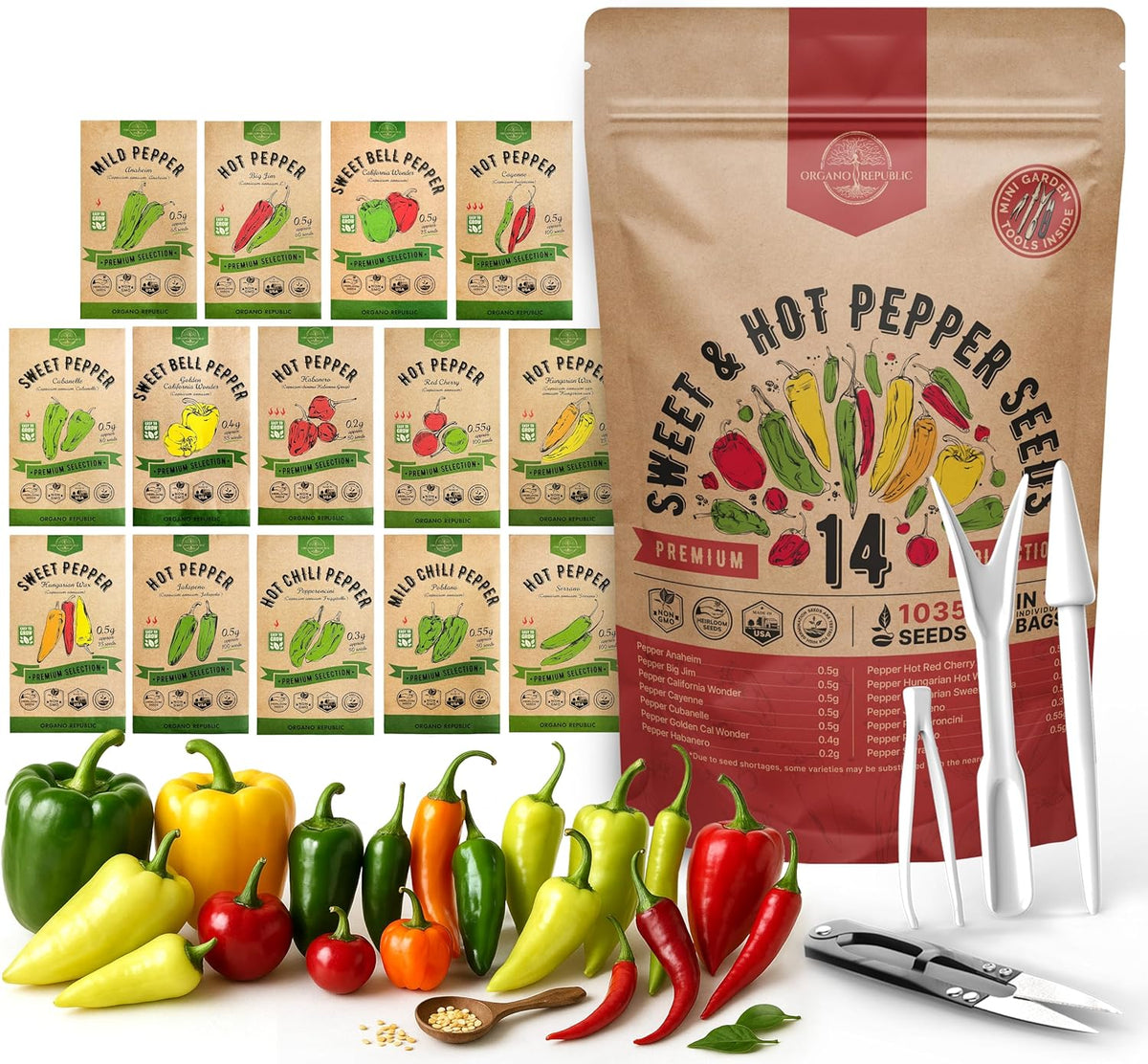 Organo Republic 14 Sweet & Hot Peppers Seeds Variety Pack - 1,030+ Non-GMO Heirloom Pepper Seeds