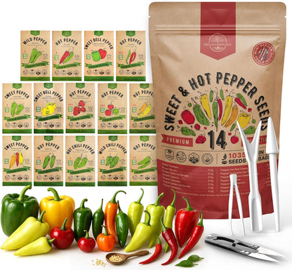 Organo Republic 14 Sweet & Hot Peppers Seeds Variety Pack - 1,030+ Non-GMO Heirloom Pepper Seeds