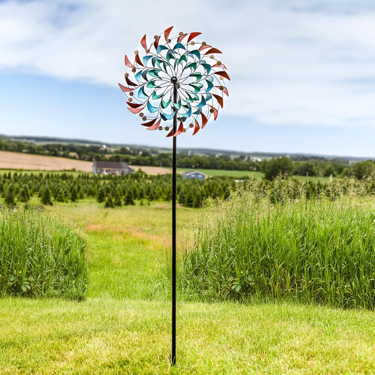Sunnydaze Rainbow Breezes Metal Garden Wind Spinner - Removable Pole Sections for Adjustable Height