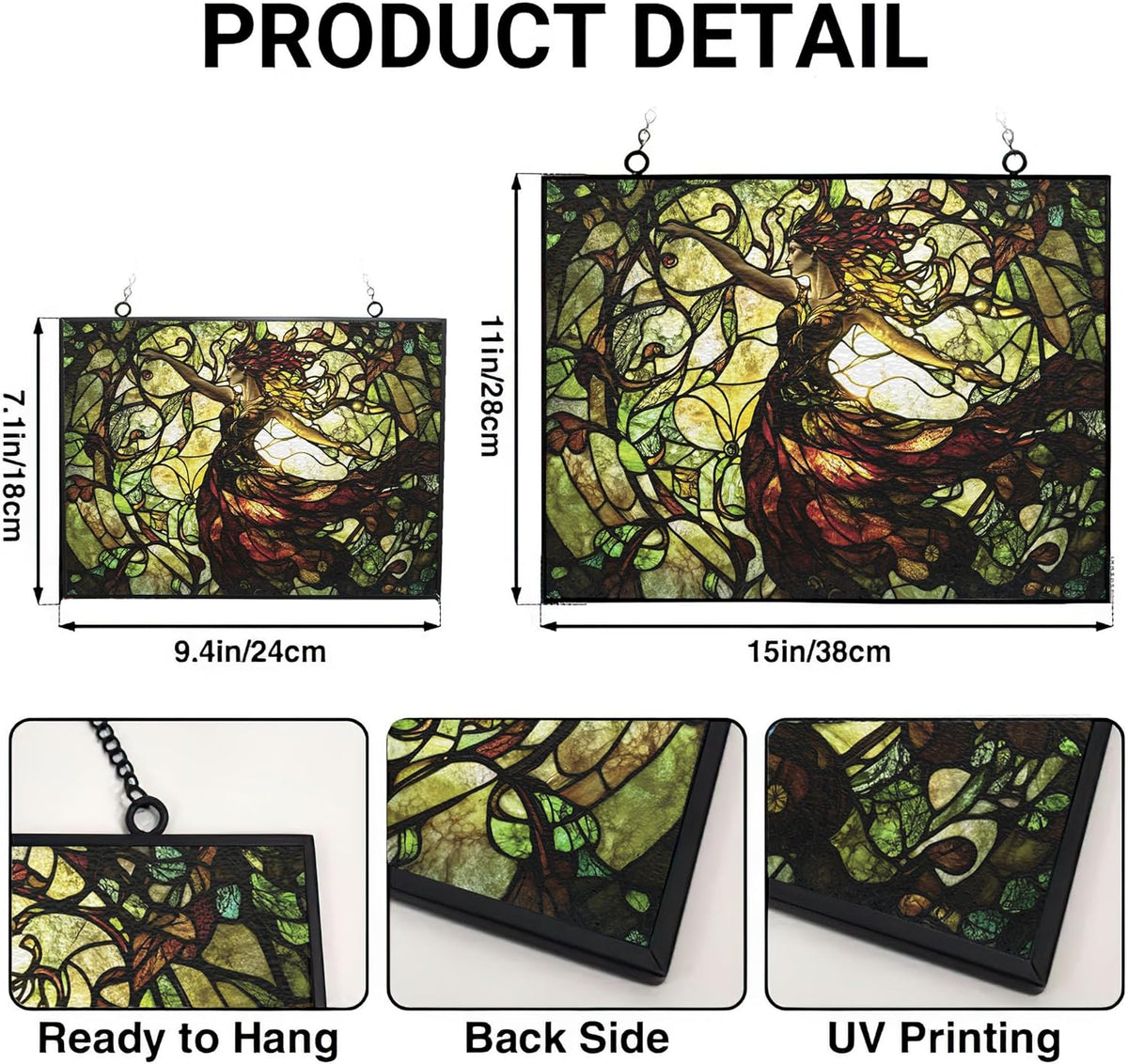 Customized Rectangle Art Nouveau Vine Dryad Stained Glass Suncatcher Window Hangings, Suncatchers