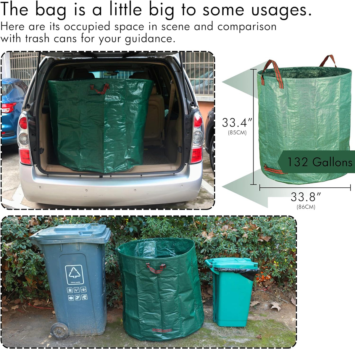 Gardzen 2-Pack 132 Gallon Yard Waste Bags, Reusable Heavy Duty Collapsible Garden Leaf Bags with