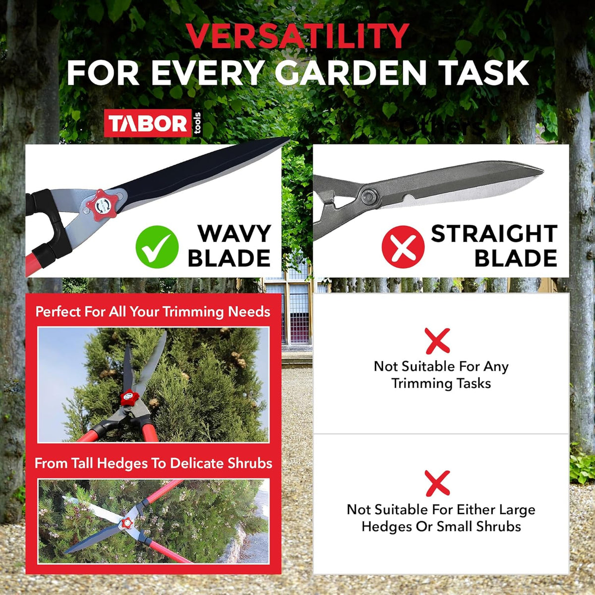 TABOR TOOLS B620A Hedge Shears with Wavy Blade for Trimming Borders, Boxwood, and Bushes, Manual