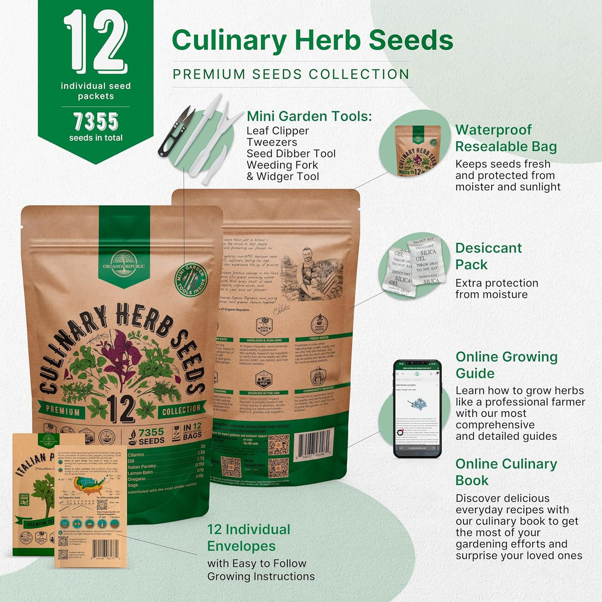 Organo Republic 12 Culinary Herbs Seeds Variety Pack - 7,355+ Heirloom, Non-GMO, Herbs Seeds for