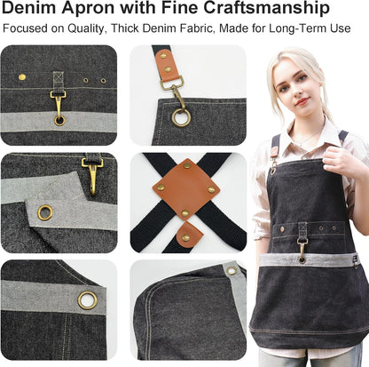Gardening Apron – Denim Cross Back Garden & Harvest Apron with Adjustable Straps and Large Pockets