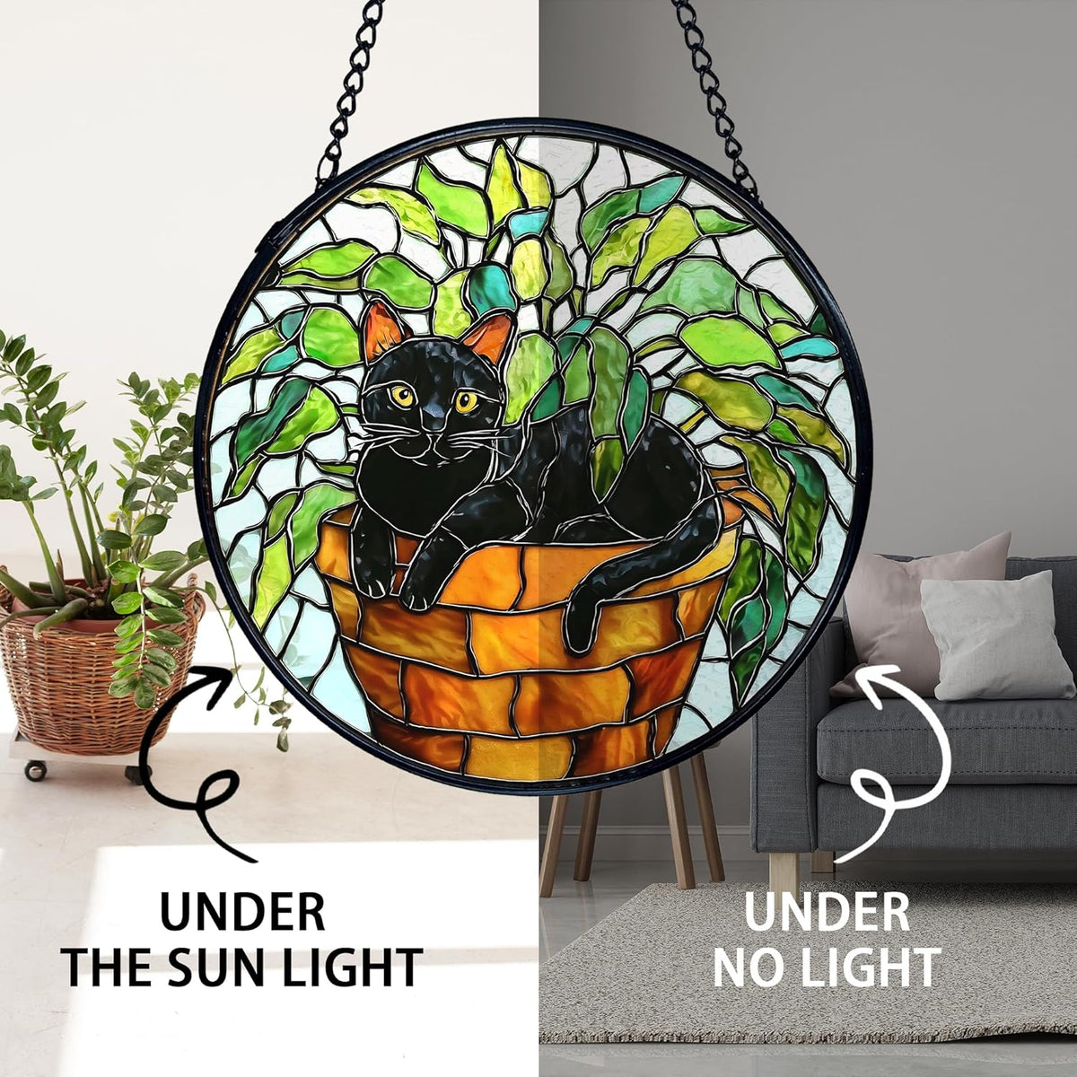TNUW Black Cat Plant Stained Glass Window Hanging, Black Cat Botanical Sun Catchers Indoor Window