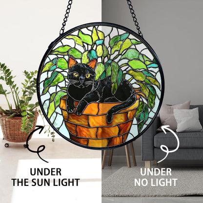 TNUW Black Cat Plant Stained Glass Window Hanging, Black Cat Botanical Sun Catchers Indoor Window