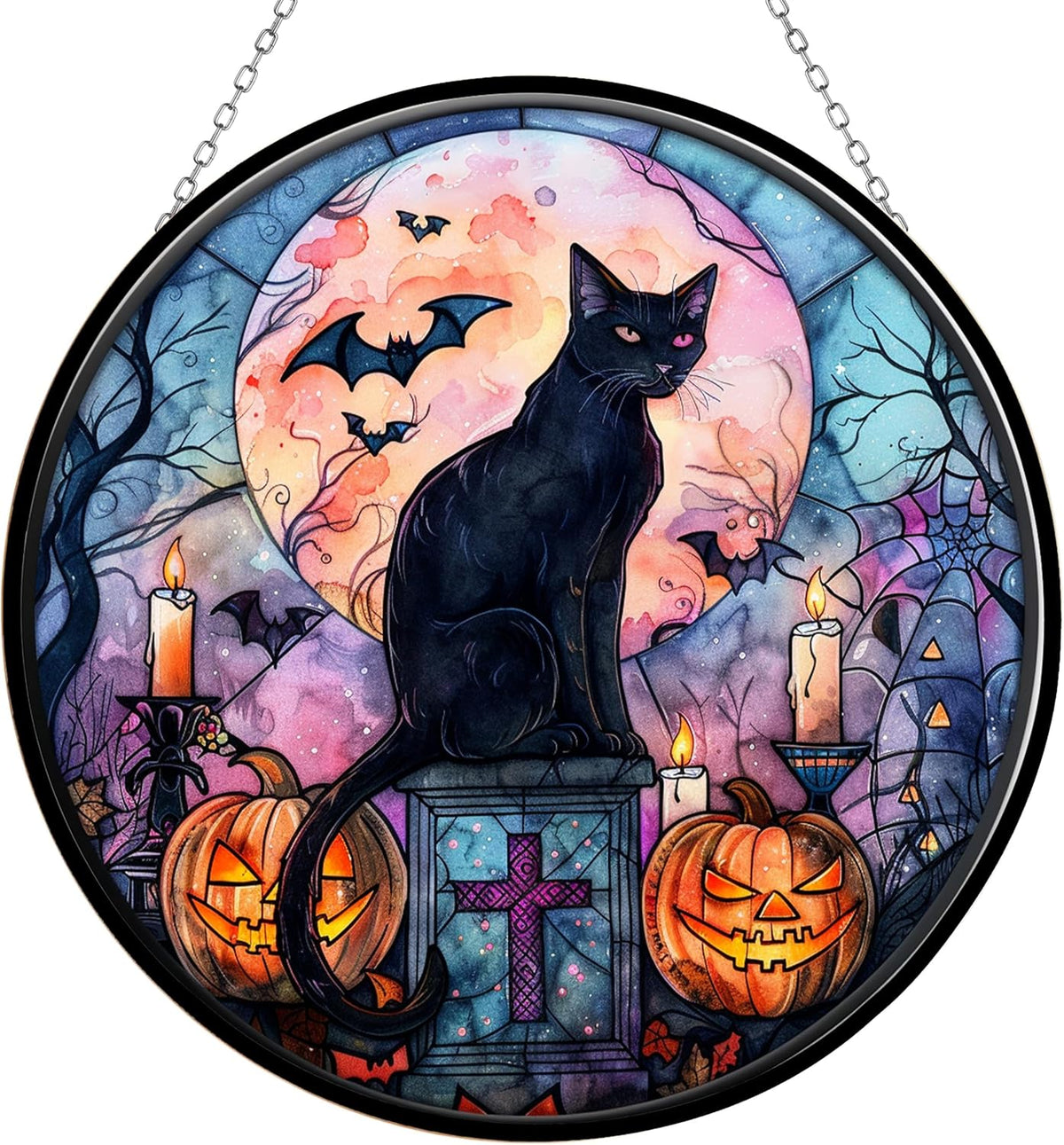 Bat Black Cat Suncatcher Indoor/Outdoor Stained Glass Window Hanging Handmade Stained Glass