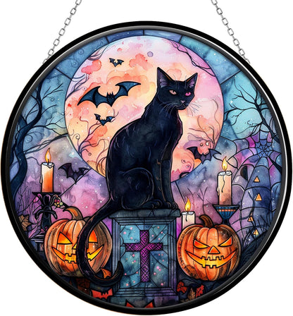Bat Black Cat Suncatcher Indoor/Outdoor Stained Glass Window Hanging Handmade Stained Glass
