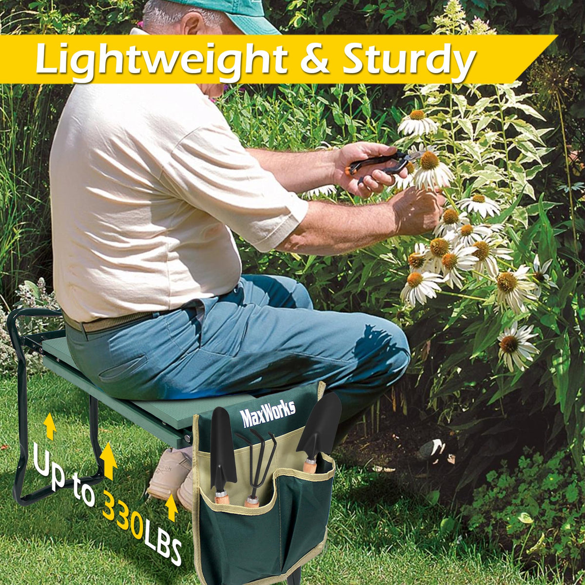 MaxWorks 50921 Folding Garden Kneeler Stool with 8 inch Wide Kneeling Pad, with 1 Tools Pouch for