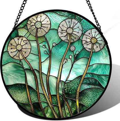 Stained Glass Window Hanging, Green Abstract Lotus Leaves Tree Sun Catcher for Window Door Home