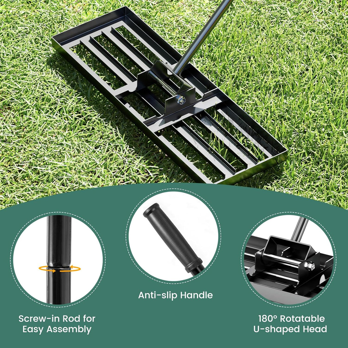 Goplus Lawn Leveling Rake, 30" x 10" Heavy Duty Level Lawn Tool w/ Ergonomic Handle for Soil