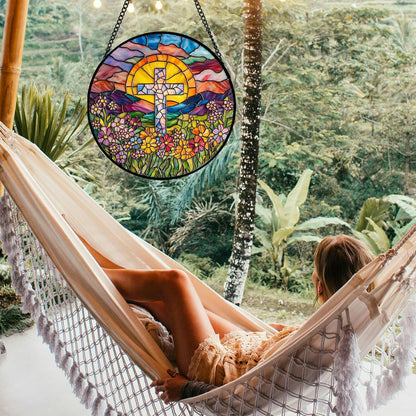 Stained Glass Window Hanging - Cross Flower Sea Sun Catcher for Door Terrace Garden Home Decor