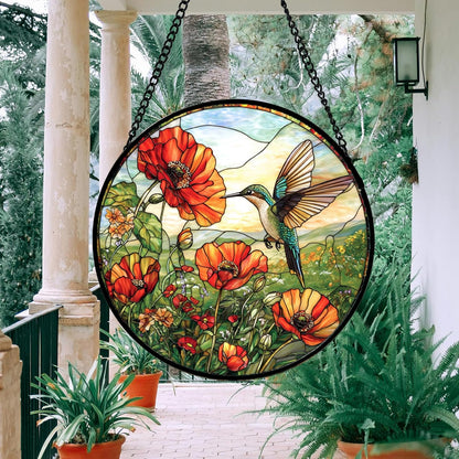 Stained Glass Window Hanging, Hummingbirds Orange Flowers Suncatcher Diamond Glass Panel Hangings