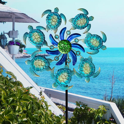 39" Sea Turtle Wind Spinners Garden Stake-Ocean Theme Outdoor Decorations- Metal Stake Yard