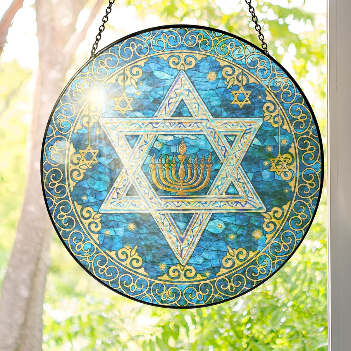 FLAGWIX Christmas Hanukkah Gifts for Women Men - Star of David Stained Glass Window Hanging 10 in