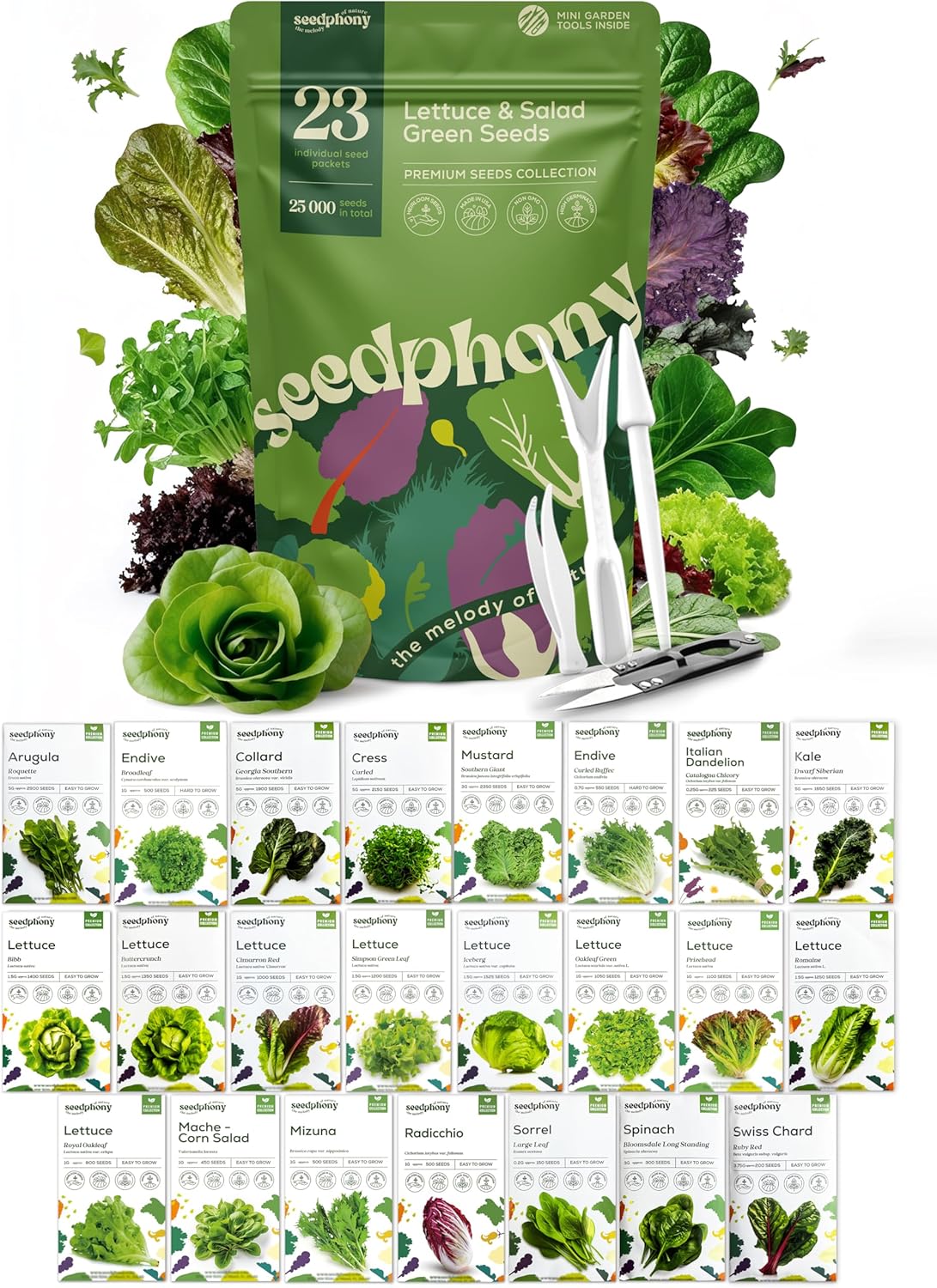 23 Lettuce & Salad Greens Seeds Variety Pack - 25,000+ Non-GMO Heirloom Greens Seeds for Planting