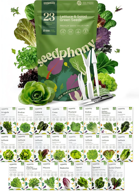 23 Lettuce & Salad Greens Seeds Variety Pack - 25,000+ Non-GMO Heirloom Greens Seeds for Planting