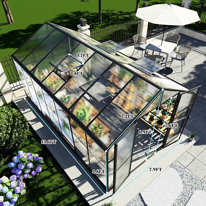 AMERLIFE 8x14x7FT Polycarbonate Greenhouse, Walk in Greenhouse with Quick-Connect System, Green