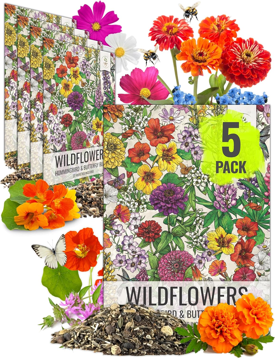 Seed Needs Wildflower Seeds Hummingbird and Butterfly Seed Mix | 5 Packs (1 Ounce Each) No Filler